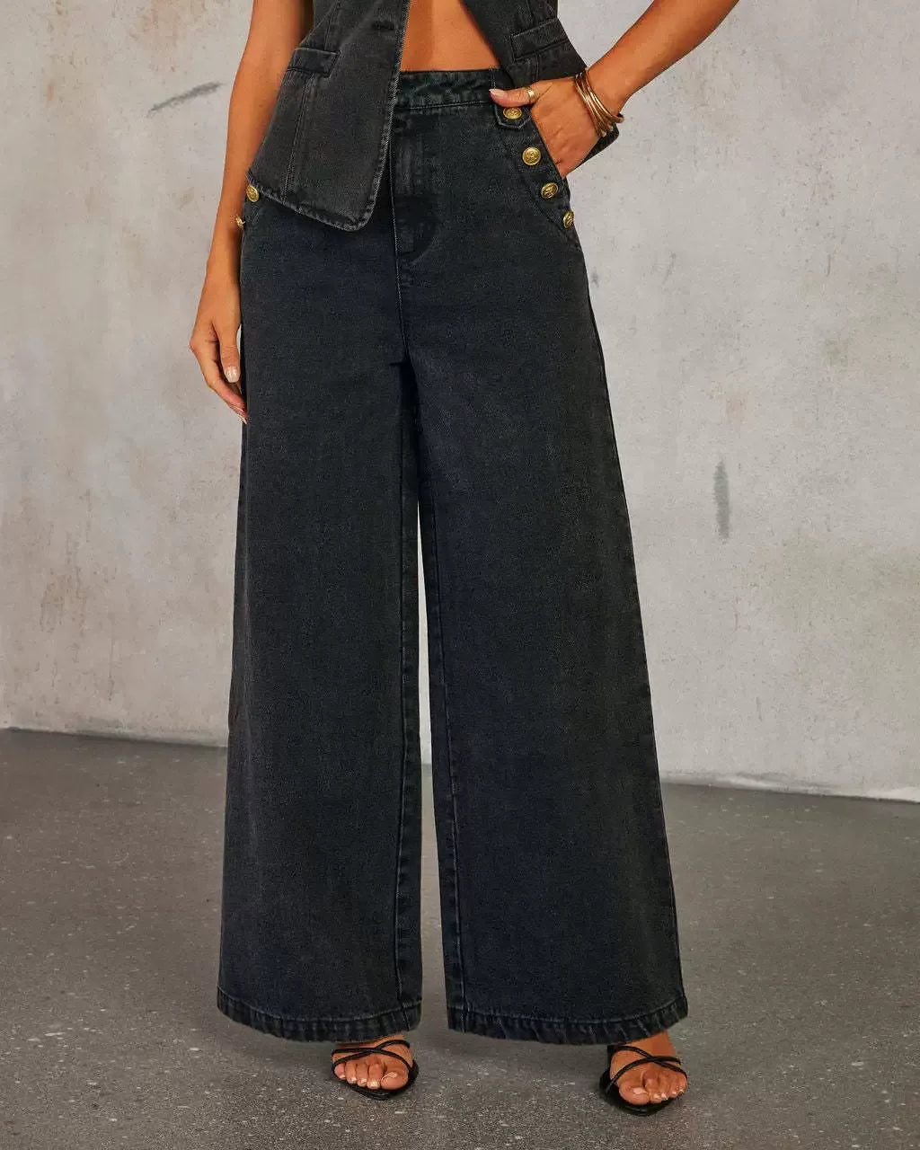 Women's Denim Vest 2-Piece Set | Casual Sleeveless Button Top & Wide Leg Pants Suit