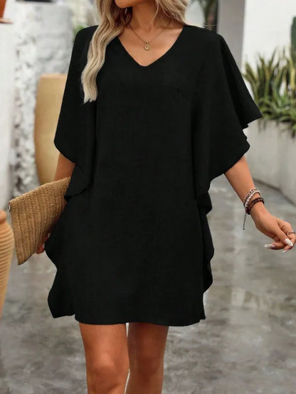 Solid V-Neck Loose Ruffle Dress | Flowy Batwing Sleeve Casual Summer Linen-Look Tunic Mini Dress
