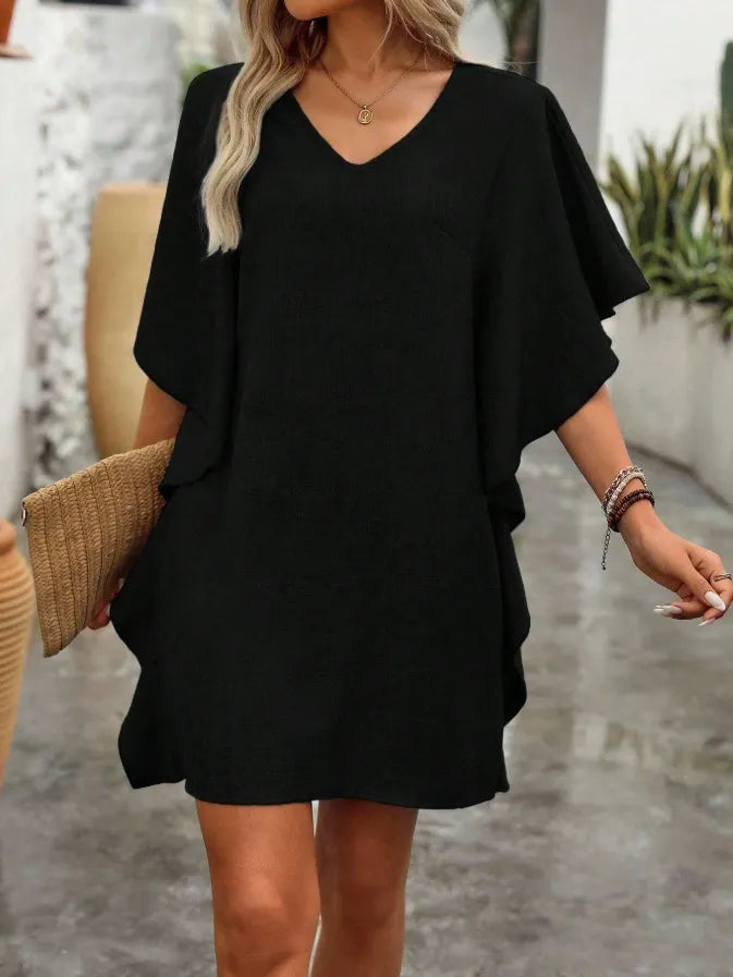 Solid V-Neck Loose Ruffle Dress | Flowy Batwing Sleeve Casual Summer Linen-Look Tunic Mini Dress