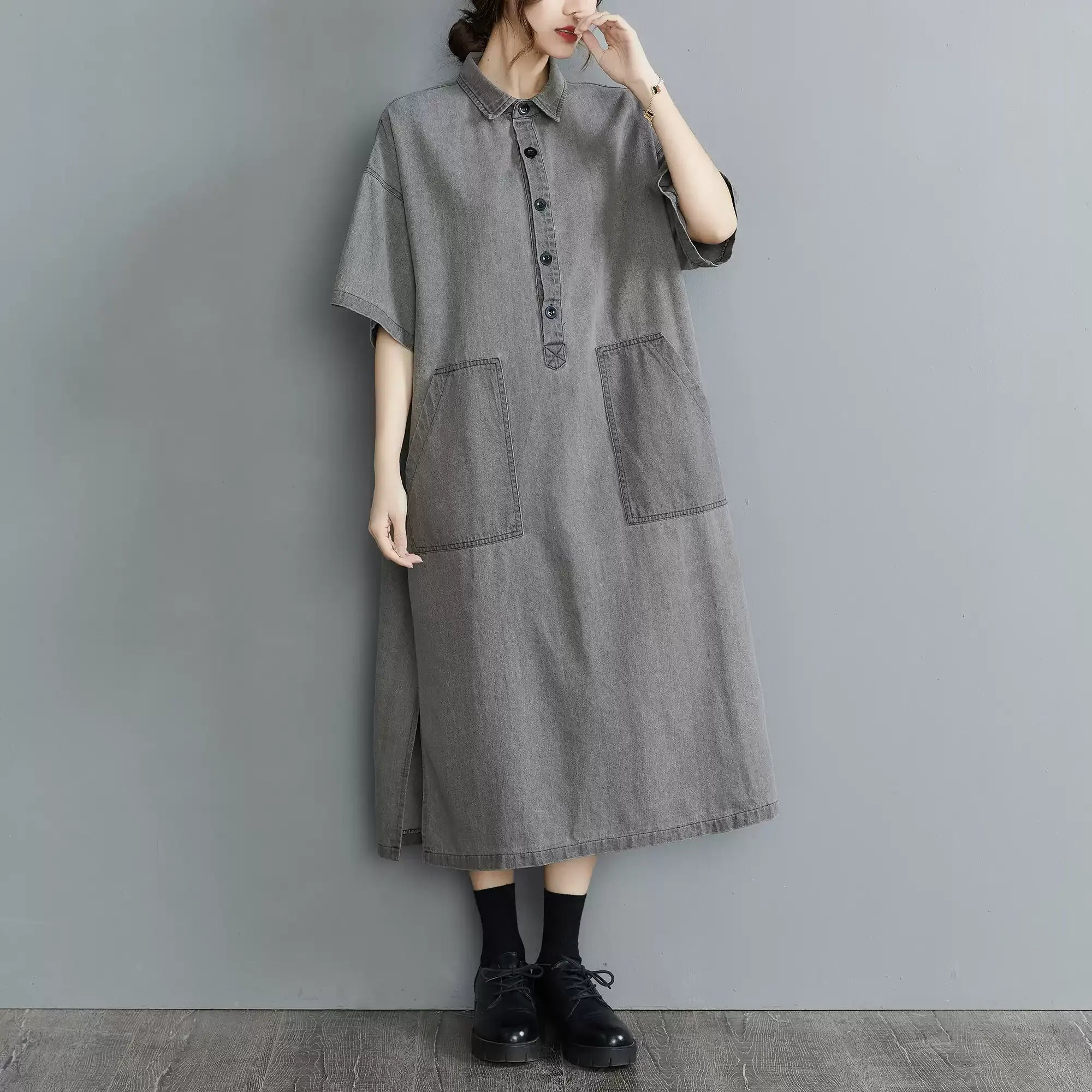 Vintage Oversized Grey Denim Dress for Women - Artsy Button-Down Polo Neck Dress