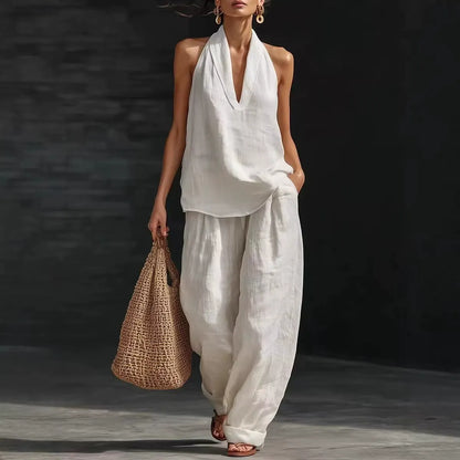 Ensembles deux pièces en mélange de lin pour femmes – Haut court licou sexy à col en V profond et pantalon large lanterne, ensemble coordonné décontracté pour les vacances d'été