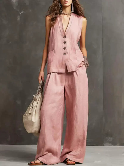 Ensemble chic coordonné d'été pour femme – Gilet en lin rose poudré et pantalon palazzo fluide, tenue de villégiature élégante deux pièces