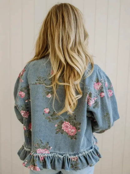 Vintage Rose Print Denim Blouse for Women - Elegant Flounce Trim Loose Fit Top