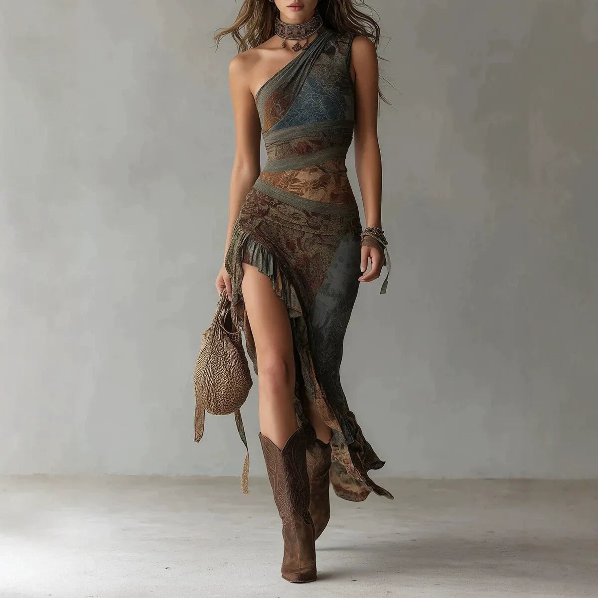 Grunge Boho One Shoulder Long Dress | Elegant Ruched Slim Fit Festival Maxi Dress