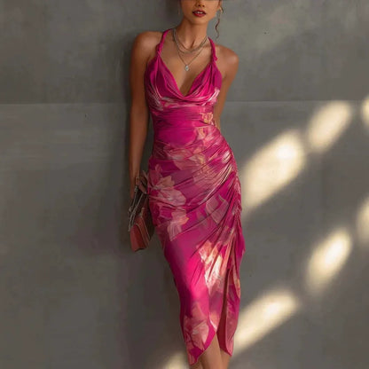 Backless Floral Print Slip Dress with Drawstring Ruched Detail & Side Slit