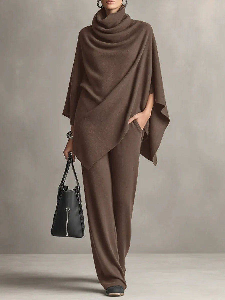 Elegant Cowl Neck Poncho & Wide-Leg Pants 2-Piece Knit Set