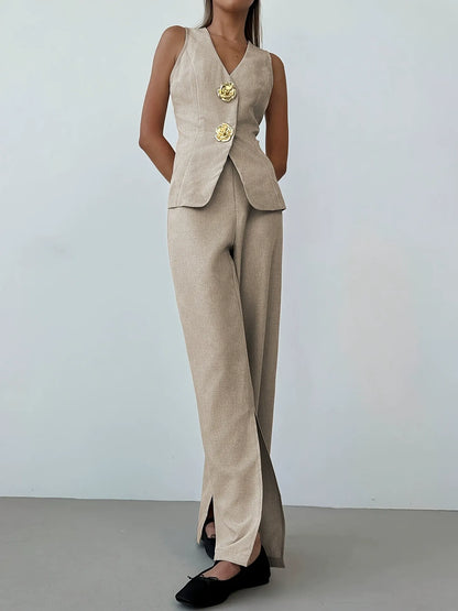 Ensemble de tailleur 2 pièces PromiseGift en imitation lin | Gilet col V et pantalon large fendu beige lin