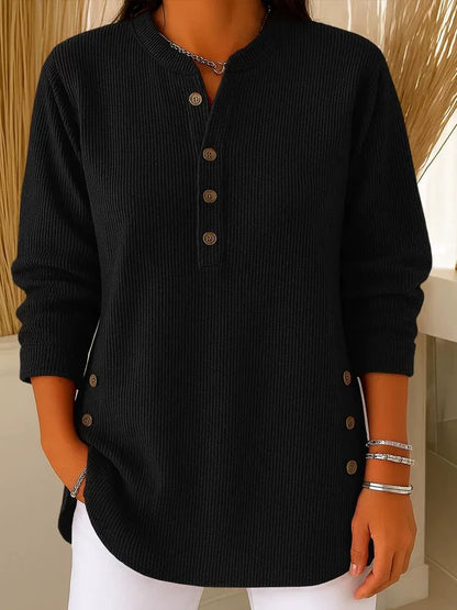 Chic Corduroy-Texture Knitted Blouse for Women - Loose Fit Side Button Tunic Jumper