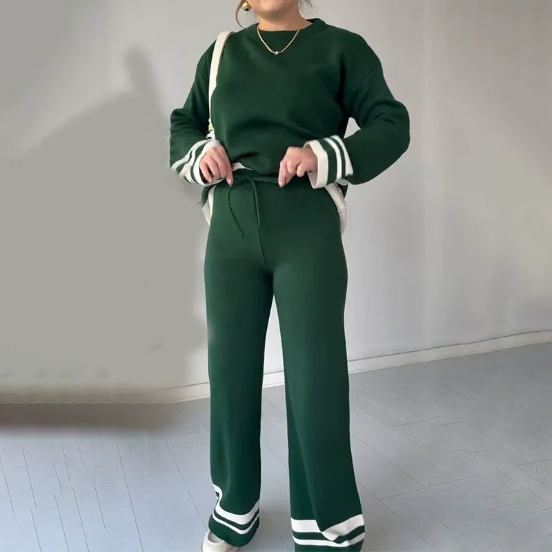 Cozy Stripe Hem 2-Piece Knit Set - Crewneck Long Sleeve Sweater & High-Waist Wide Leg Pants Lounge Set