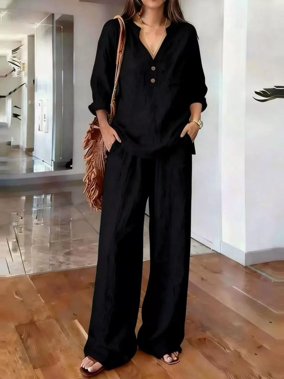 Ensembles deux pièces en mélange de lin pour femme – Haut tunique à manches longues avec col Henley en V et pantalon large, Ensemble coordonné décontracté pour les vacances d'été