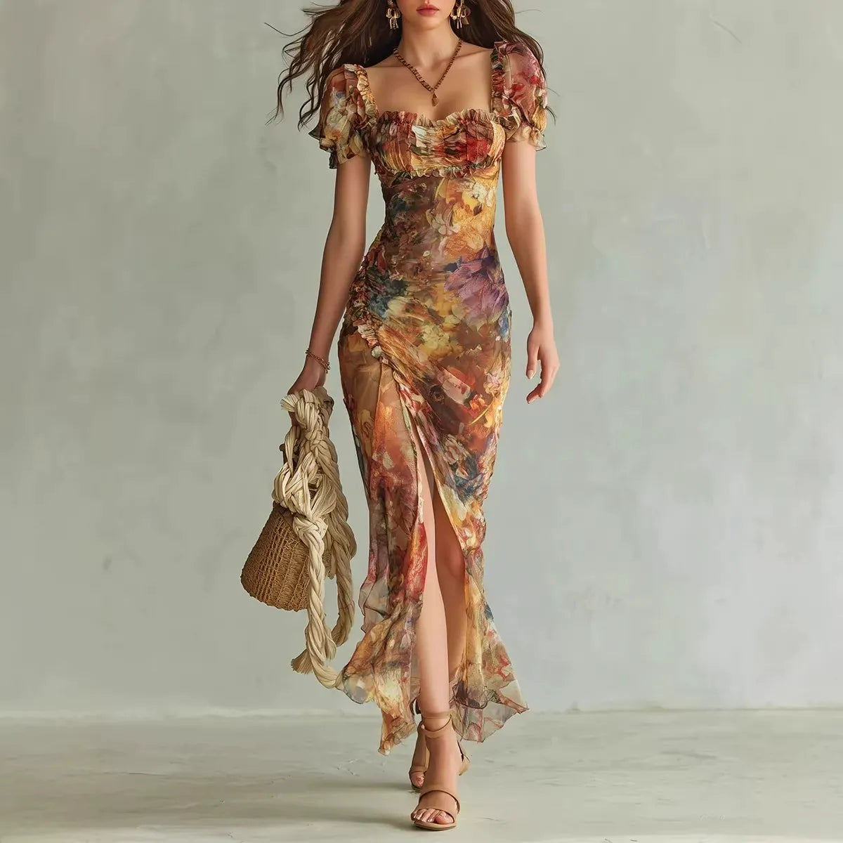 Robe longue en mousseline florale bohème pour femme – Robe fendue froncée à encolure en cœur