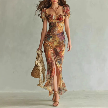 Robe longue en mousseline florale bohème pour femme – Robe fendue froncée à encolure en cœur