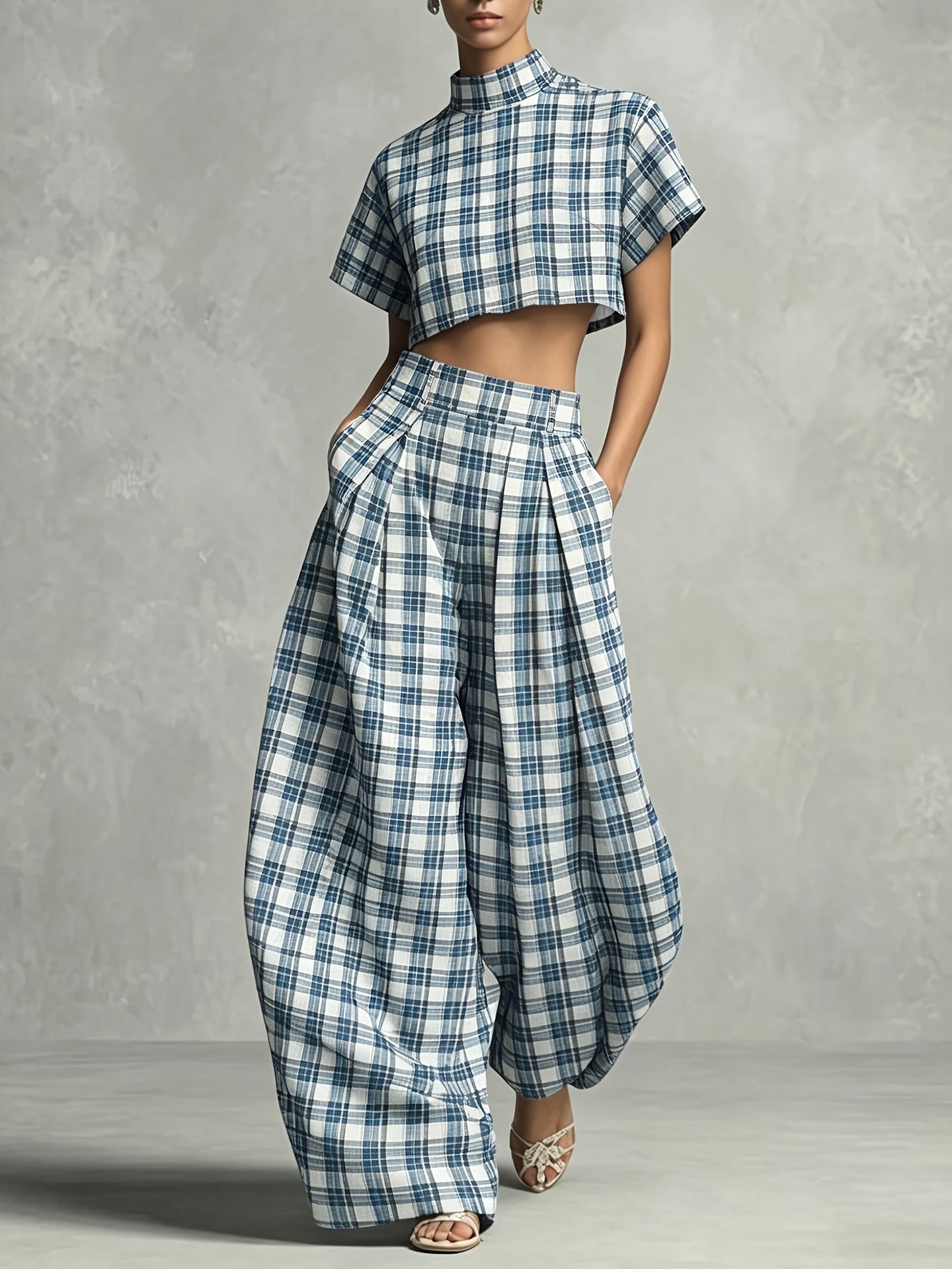 Architectural Plaid Co-ord Set | Mock-Neck Crop Top & Lantern Pants