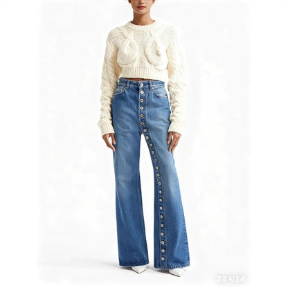 Women's High Street High Waisted Straight Leg Denim Jeans | Vintage Washed Full Button Fly Trendy Pants