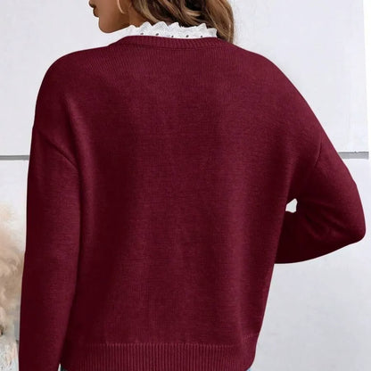 Chic Faux Two-Piece Knit Sweater - Elegant Lace Trim V-Neck Long Sleeve Pullover