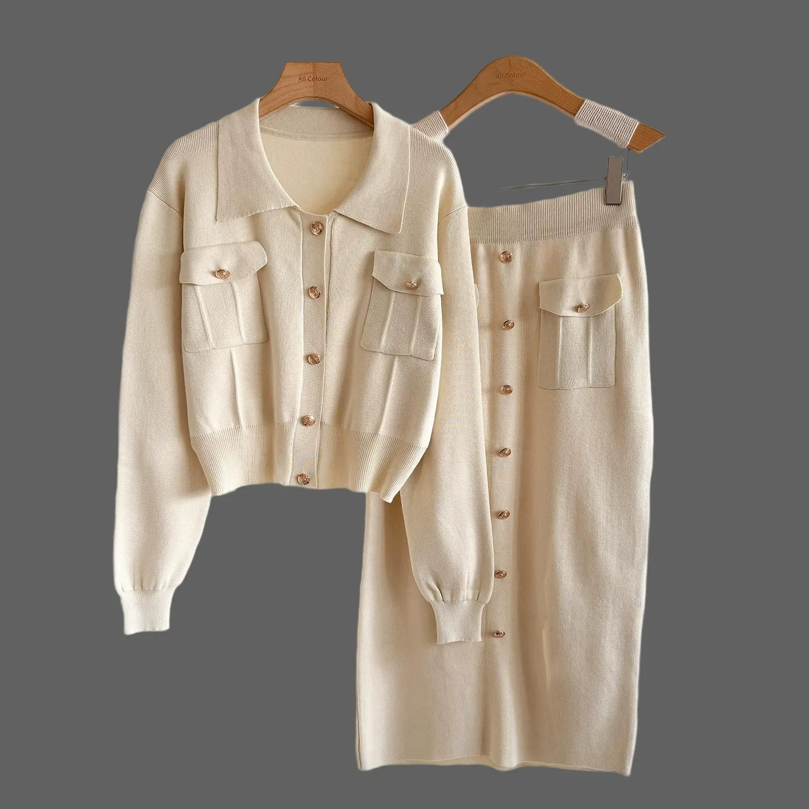 French Chic 2-Piece Knit Set - Collared Button-Down Cardigan & High-Waist Midi Skirt Set