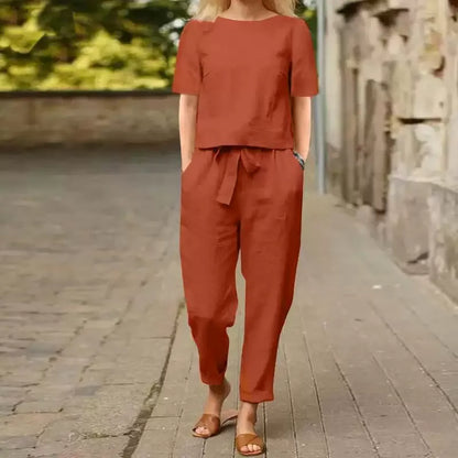 Ensemble assorti d'été minimaliste beige pour femme – Tunique chic en coton et lin et pantalon sarouel ceinturé, tenue 2 pièces légère pour le quotidien