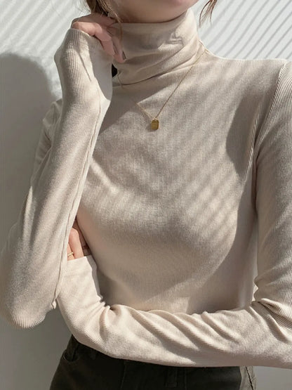 Classic Ribbed Turtleneck Top - Slim Fit High Neck Long Sleeve T-Shirt Base Layer Layering Top