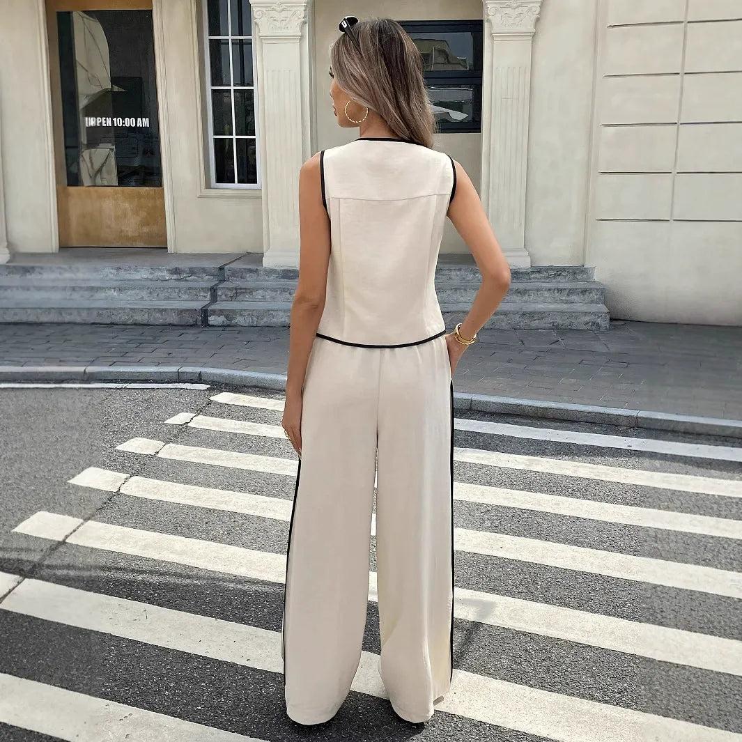 Riviera Contrast Piping Set | Tailored Button-Up Vest & Wide-Leg Pants