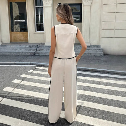 Riviera Contrast Piping Set | Tailored Button-Up Vest & Wide-Leg Pants