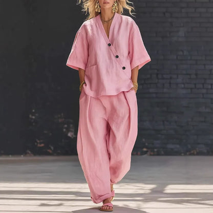 Ensembles deux pièces en lin pour femme – Haut asymétrique à manches courtes boutonné et pantalon ample coupe sarouel, ensemble coordonné décontracté d'été