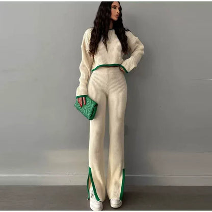 Trendy Ribbed Knit Two-Piece Set - Contrast Trim Long Sleeve Sweater & Flare Pants Lounge Set