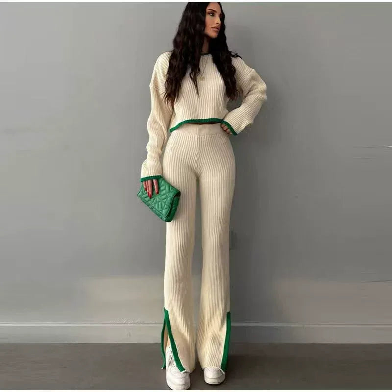 Trendy Ribbed Knit Two-Piece Set - Contrast Trim Long Sleeve Sweater & Flare Pants Lounge Set