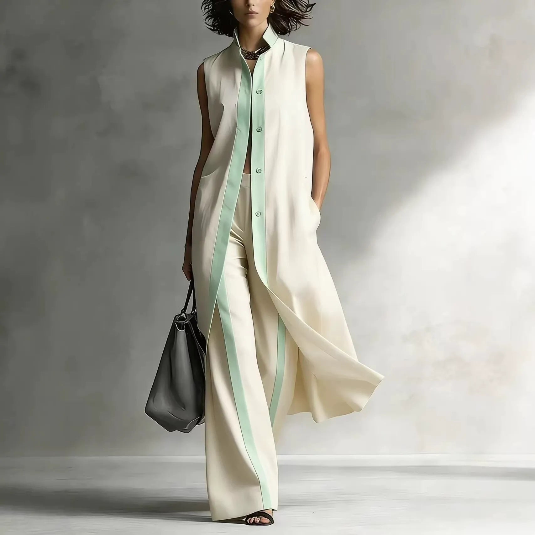 Women's Color Block 2-Piece Lounge Set | Casual Longline Sleeveless Cardigan & Wide Leg Pants Suit