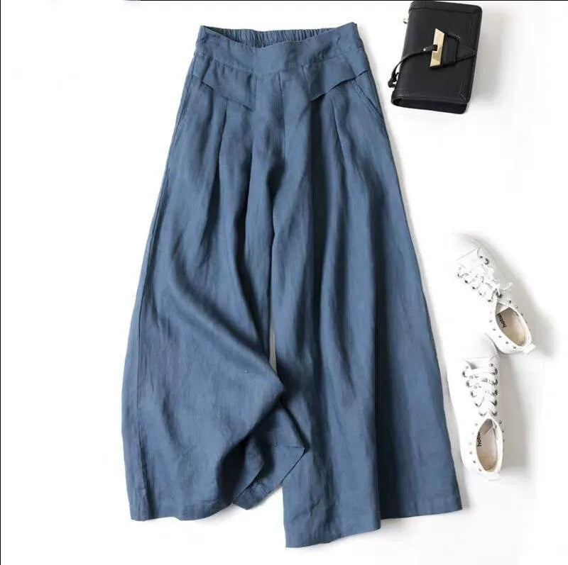 Minimalist Cotton Linen Culottes | Loose Fit High Waist Wide Leg Casual Summer Pants