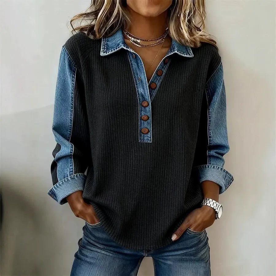 Women's Denim Sleeve Patchwork Ribbed Sweater | Casual Polo Collar Fake Two-Piece Jumper