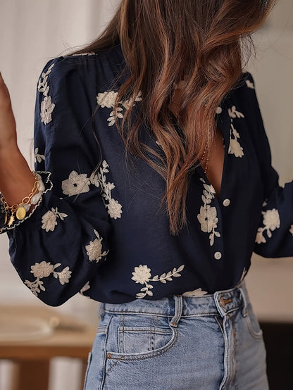 Vintage Floral Embroidered Blouse - Elegant Long Sleeve V-Neck Button-Down Shirt for Women
