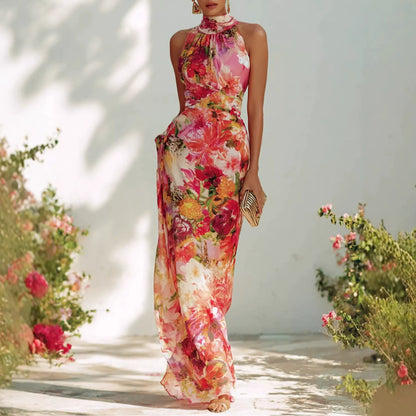 Italian Garden Style Floral Long Dress | Luxury High Waist Flowy Resort Maxi Dress