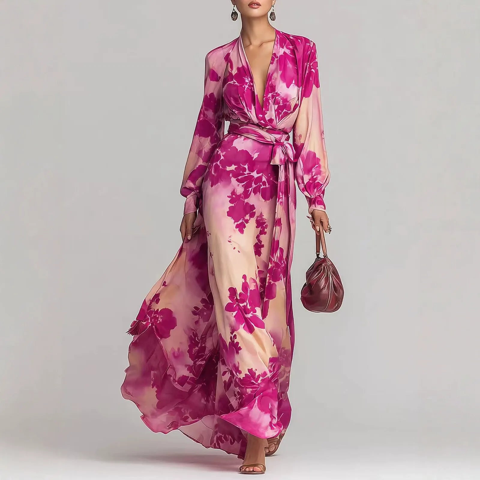 Robe Longue Fleurie Romantique Française | Robe de Soirée Fluide de Luxe à Ceinture pour les Vacances de Printemps