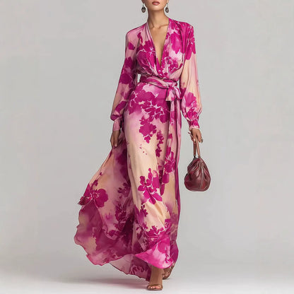 Robe Longue Fleurie Romantique Française | Robe de Soirée Fluide de Luxe à Ceinture pour les Vacances de Printemps