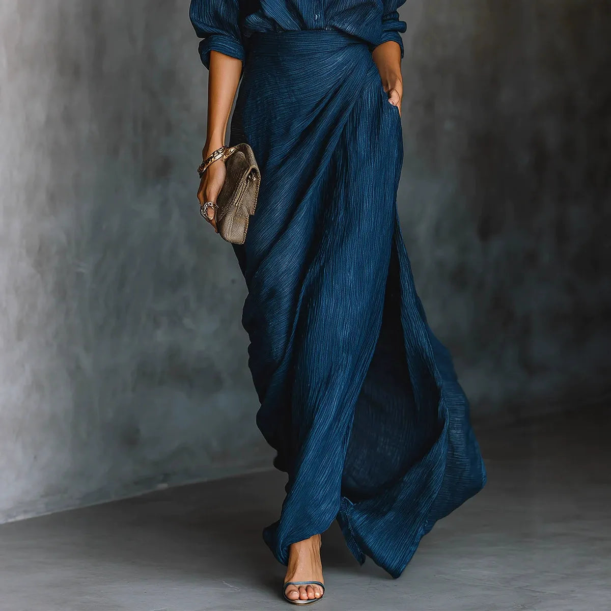 Quiet Luxury Crinkle Texture Dress | High Waist Asymmetric Long Sleeve Dress