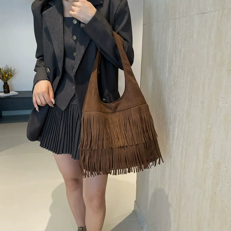 Bohemian Faux Suede Fringe Hobo Bag - Vintage Western Multi-Layer Tassel Large Capacity Shoulder Tote Purse
