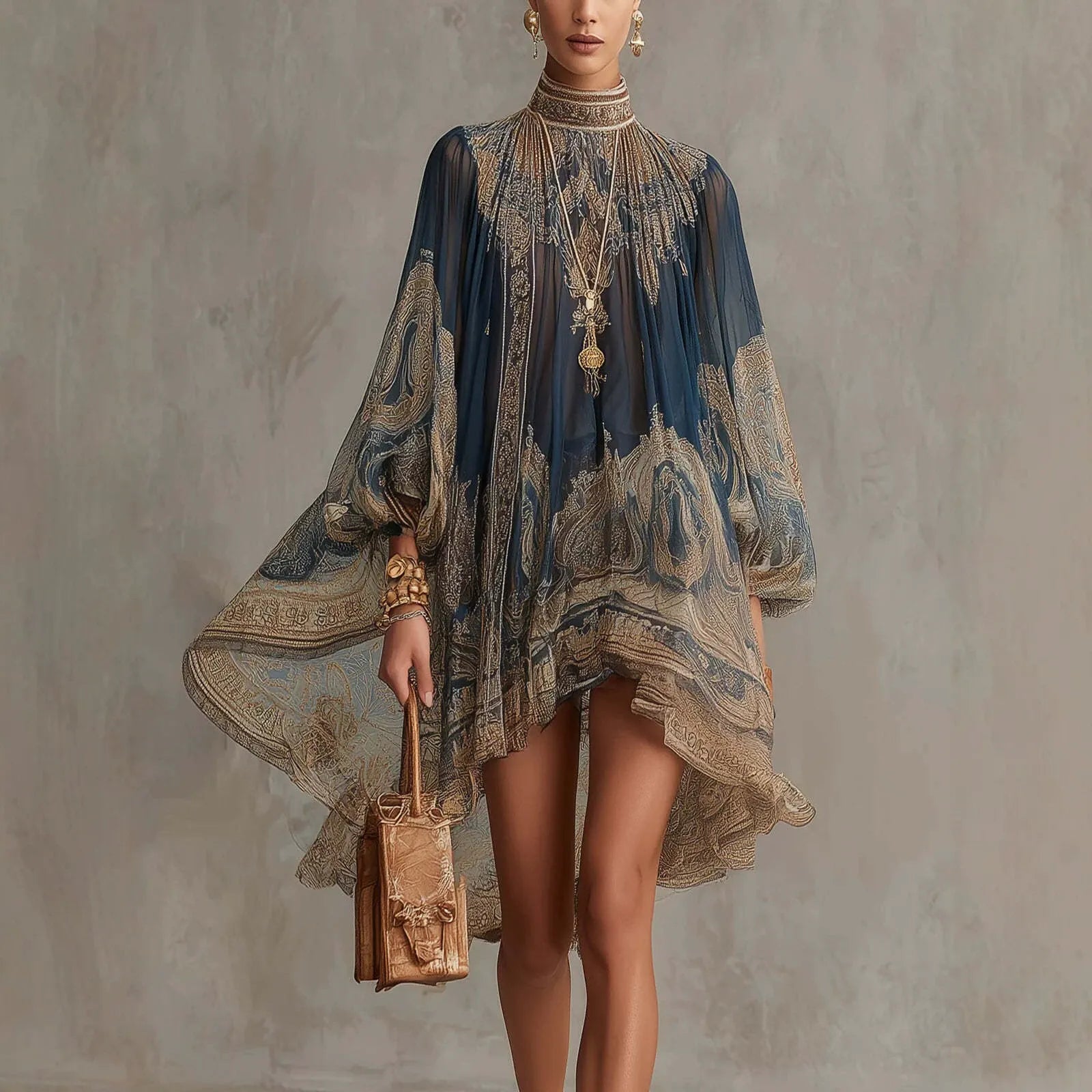 Mini-robe fluide en mousseline imprimé baroque pour femme - Col montant