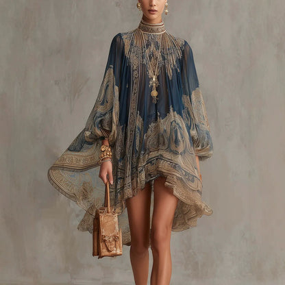 Mini-robe fluide en mousseline imprimé baroque pour femme - Col montant