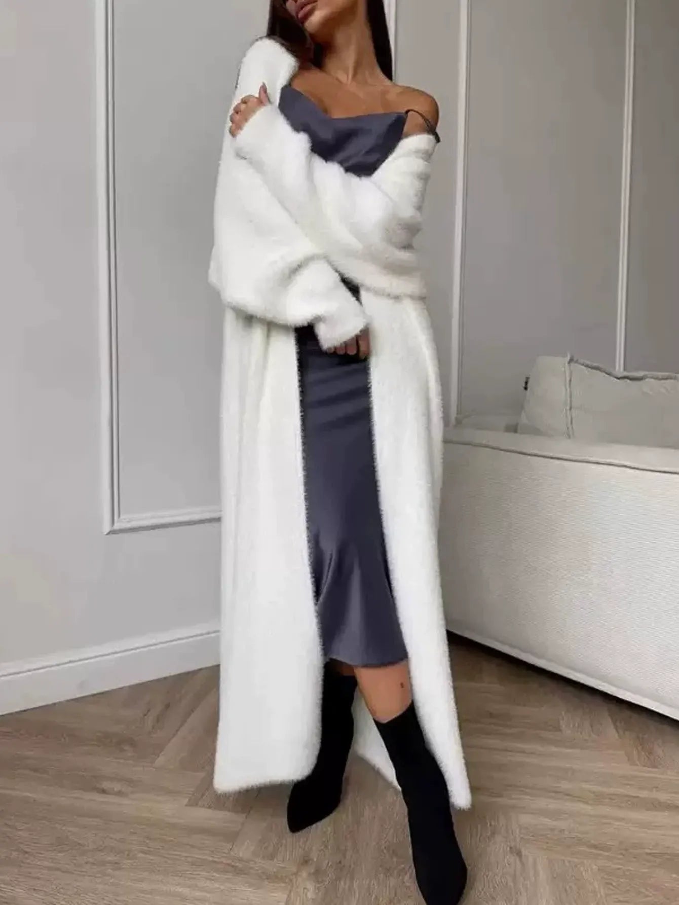 Women's Fuzzy Faux Mink Cardigan Coat | Casual Long Sleeve Open Front Plush Long Jacket
