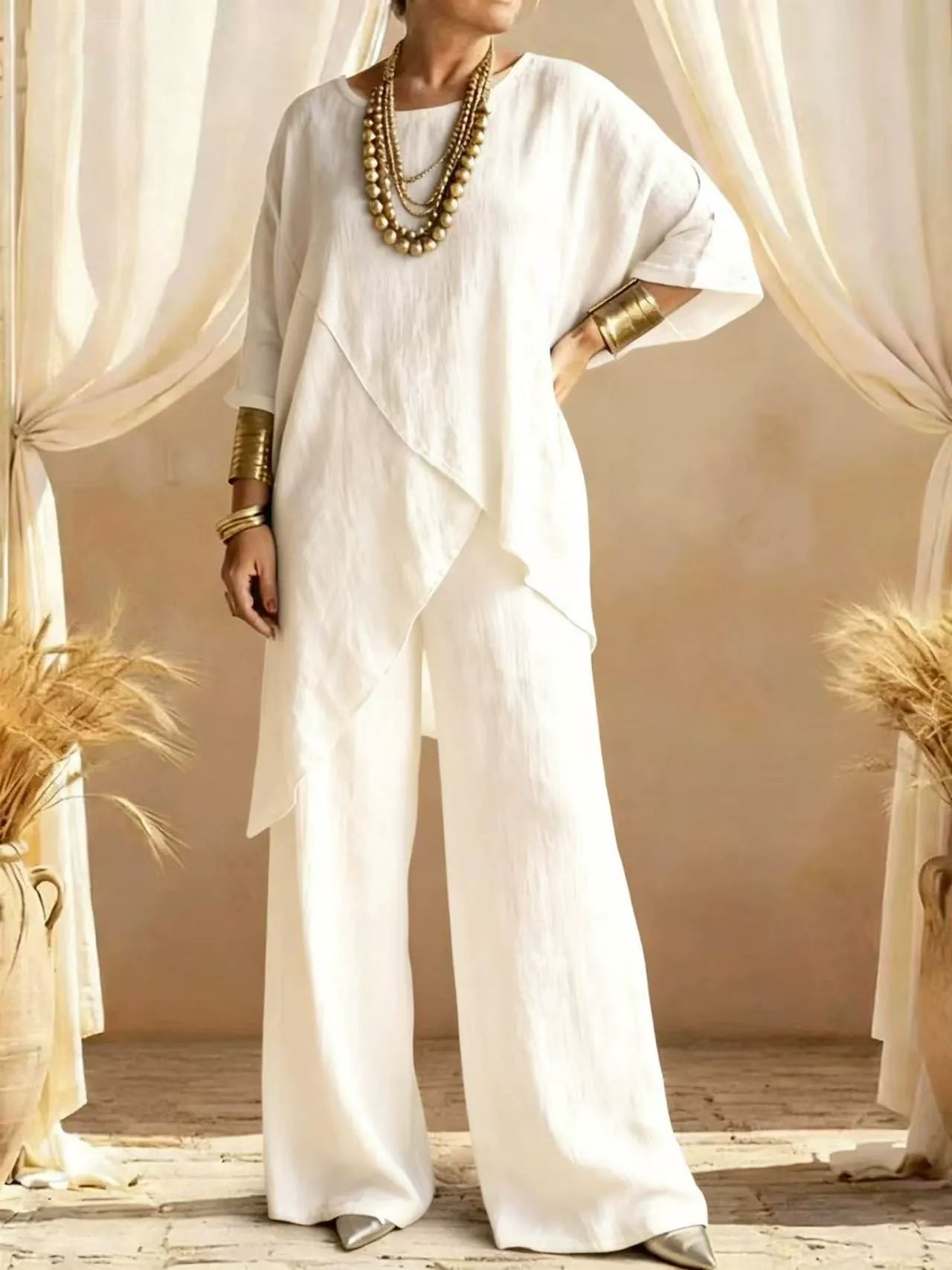Ensemble deux pièces asymétrique en lin pour femmes – Tunique superposée oversize et pantalon large, ensemble décontracté d'été style bohème