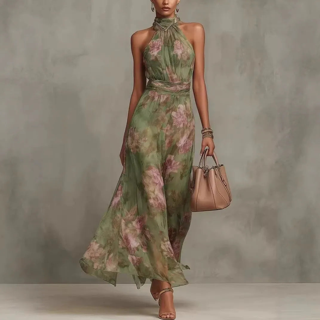 Pleated Halter Neck Summer Dress - Lightweight Sheer Layering Sundress