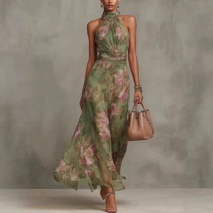 Pleated Halter Neck Summer Dress - Lightweight Sheer Layering Sundress