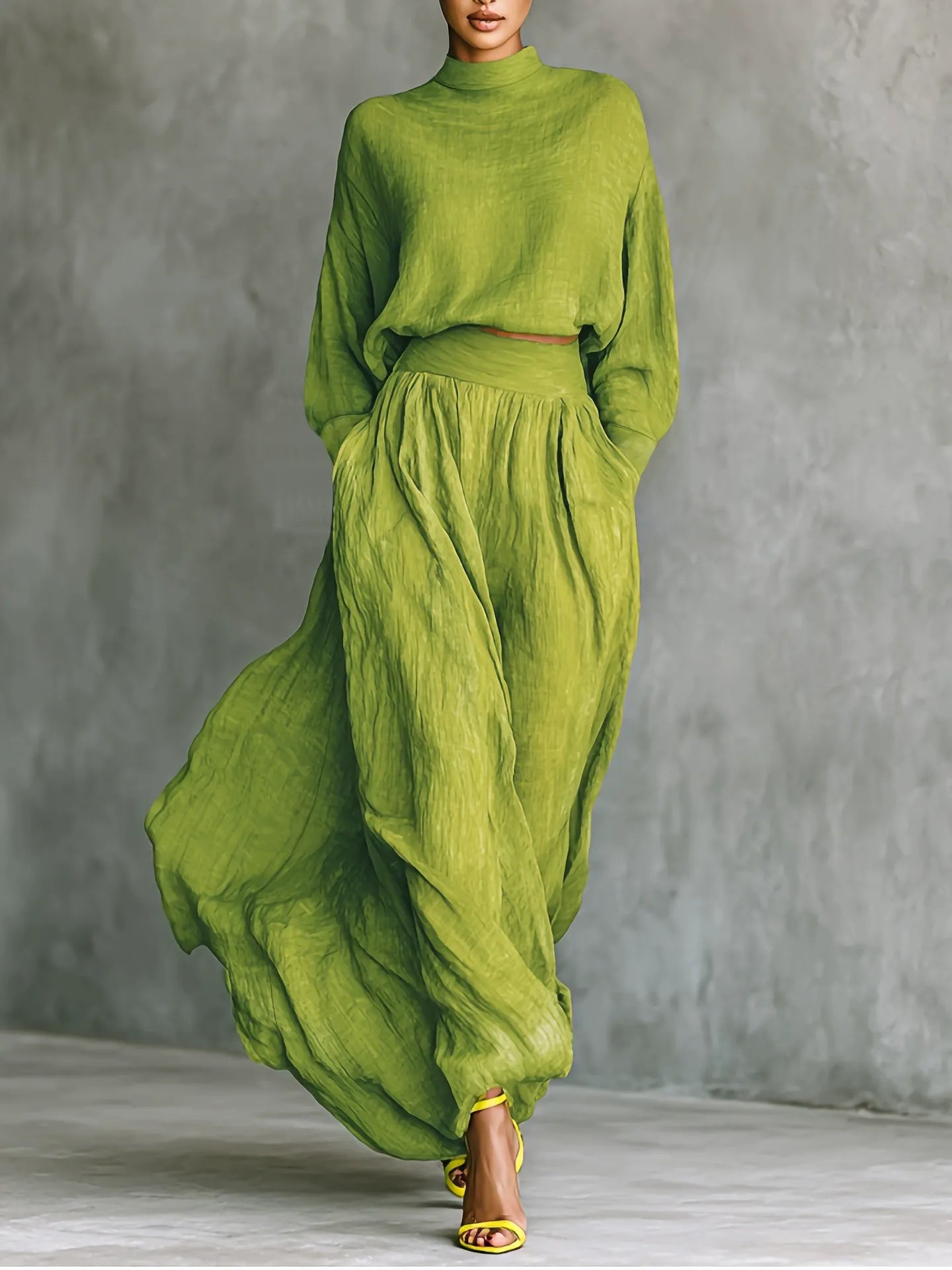 PromiseGift 2-Piece Summer Resort Set | Moss Green Textured Mock-Neck Blouse & High-Waist Maxi Skirt