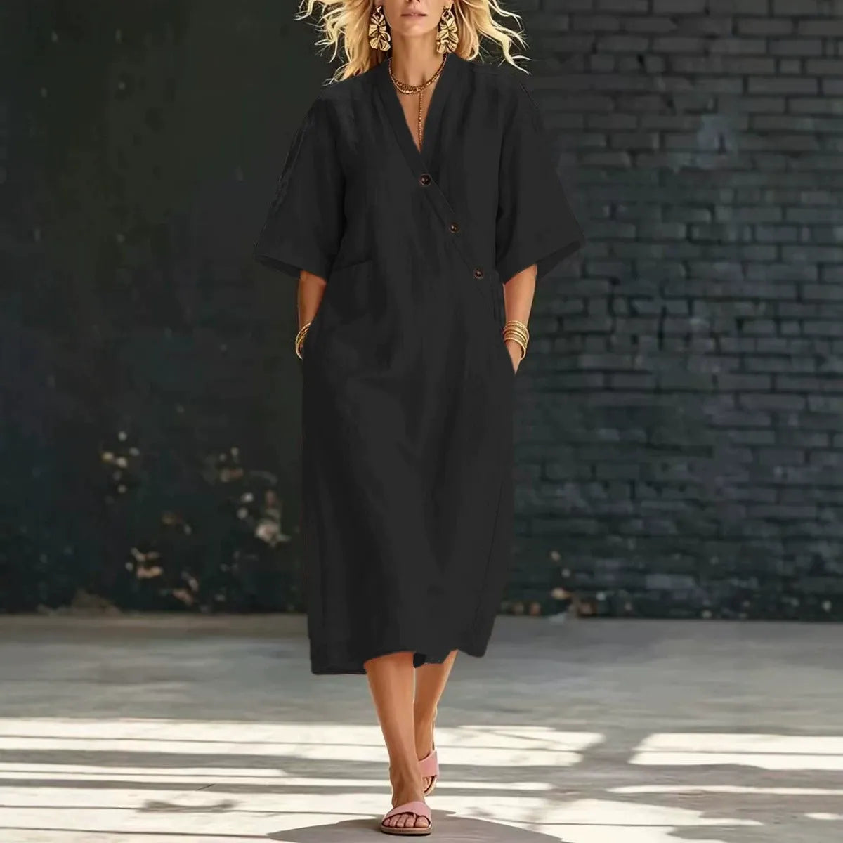 Minimalist Dusty Pink Summer Dress for Women – Chic Side Button Shift Dress, Breezy Boho Vacation Linen-Look Midi