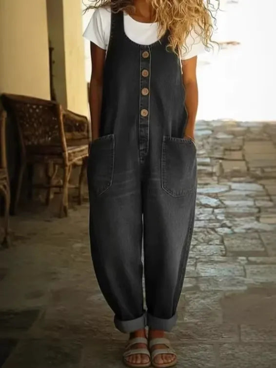 Vintage Washed Denim Scoop Neck Jumpsuit for Women - Loose Fit Harem Overalls with Pockets