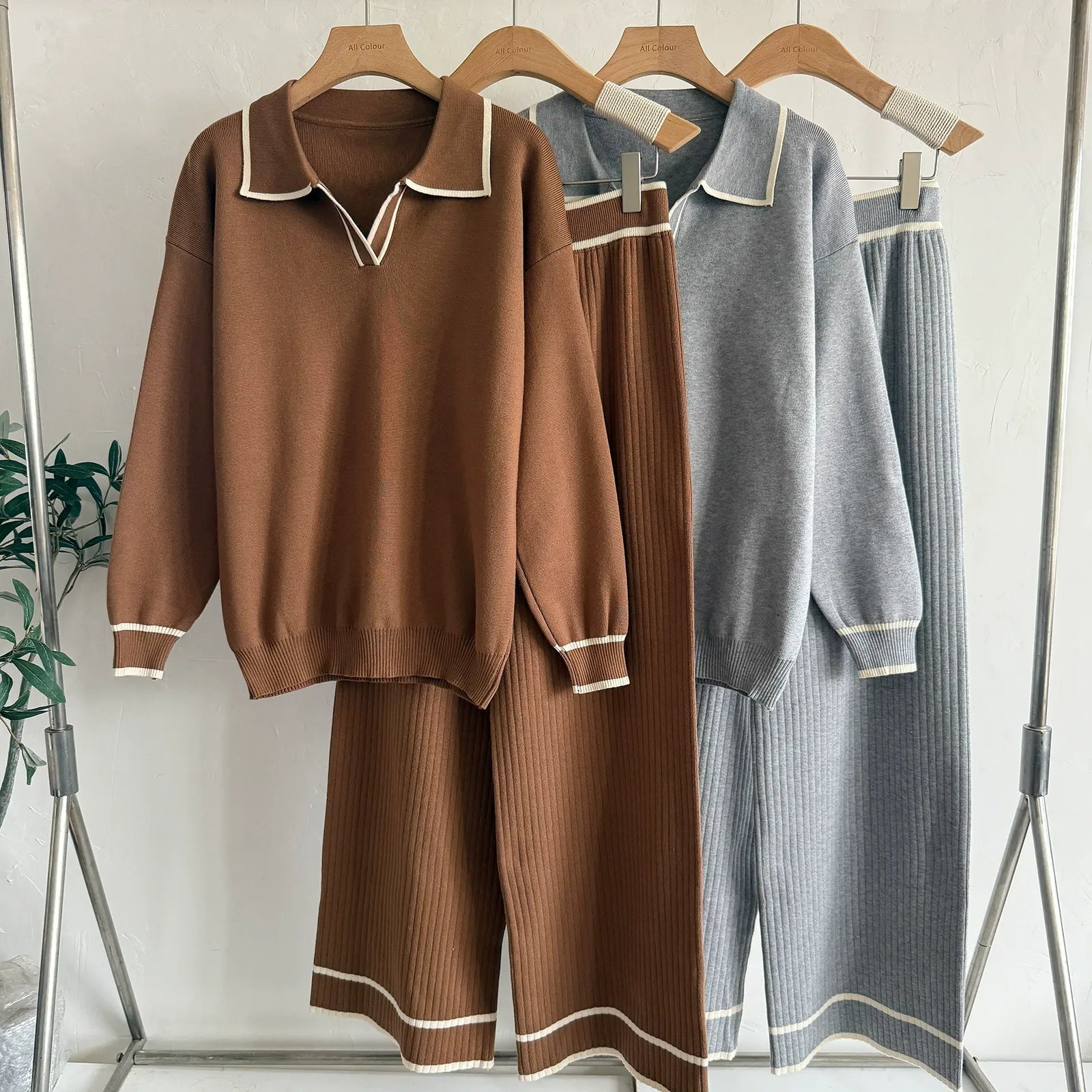 Old Money Contrast Polo Knit 2-Piece Set | Casual High Waist Slimming Wide Leg Pants Suit