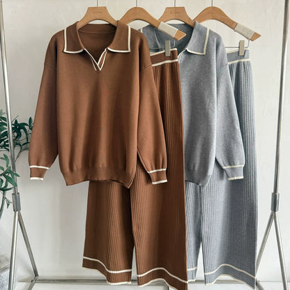 Old Money Contrast Polo Knit 2-Piece Set | Casual High Waist Slimming Wide Leg Pants Suit