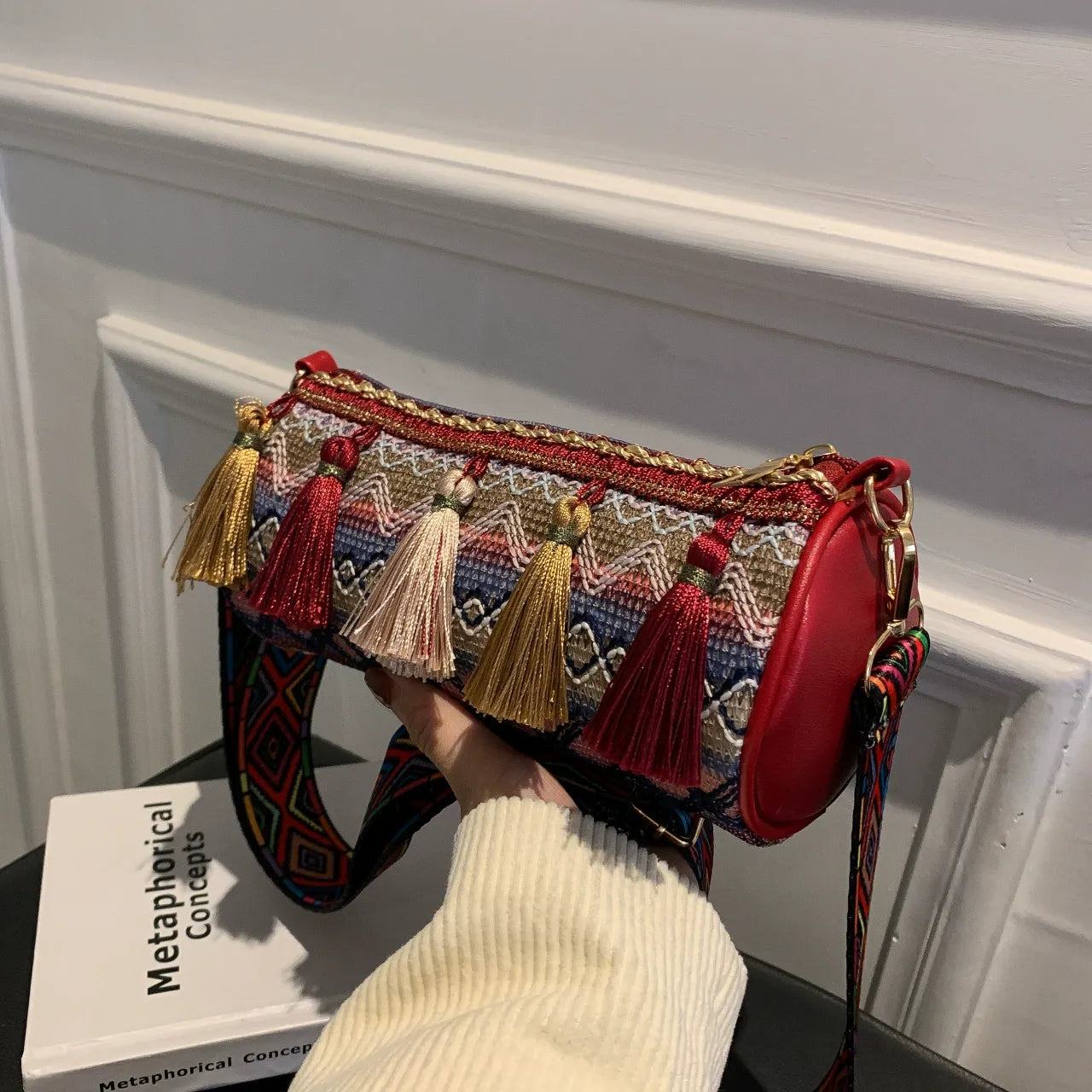 Bohemian Embroidered Cylinder Barrel Bag - Vintage Tribal Boston Shoulder Purse with Wide Strap & Tassels