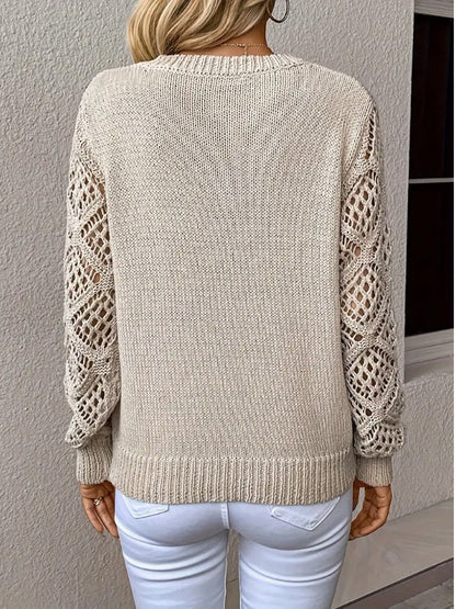 Women's Hollow Out Lace Sleeve Sweater | Casual V-Neck Solid Color Long Sleeve Pullover Top