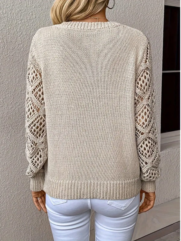 Women's Hollow Out Lace Sleeve Sweater | Casual V-Neck Solid Color Long Sleeve Pullover Top